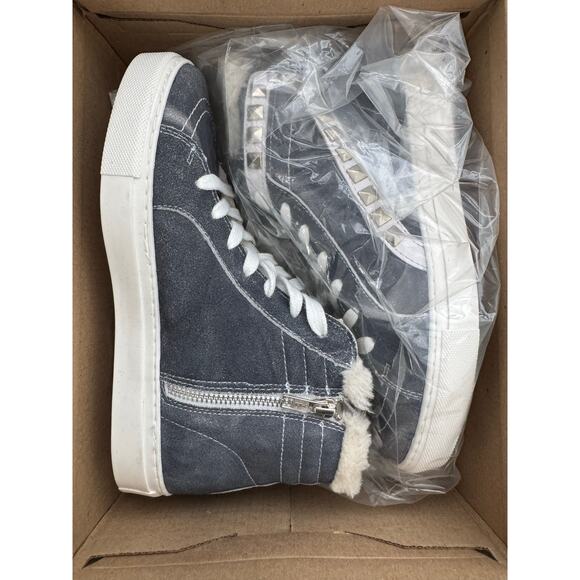 NEW Steve Madden Sneaker Suede Studded High Top Platform Faux Fur Blue Size 8.5 - Picture 6 of 11